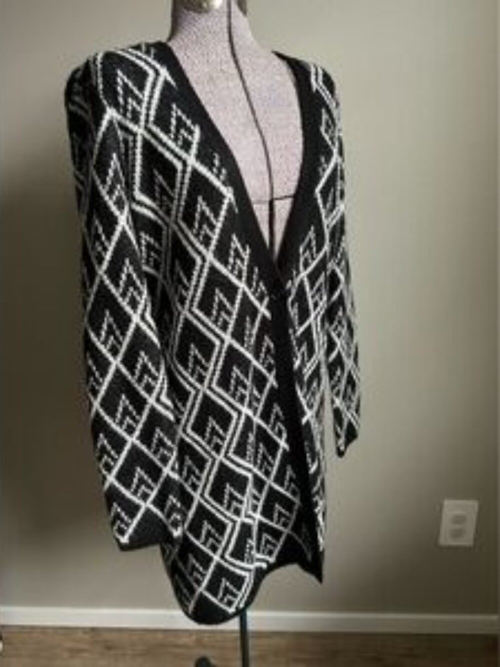 Wool blend Kaffe Black and White Diamond Pattern single button Cardigan classic